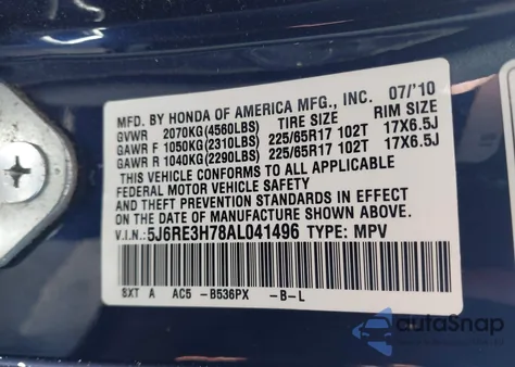 2010 Honda Cr-V Ex-L z USA, uszkodzony, nr VIN 5J6RE3H78AL041496